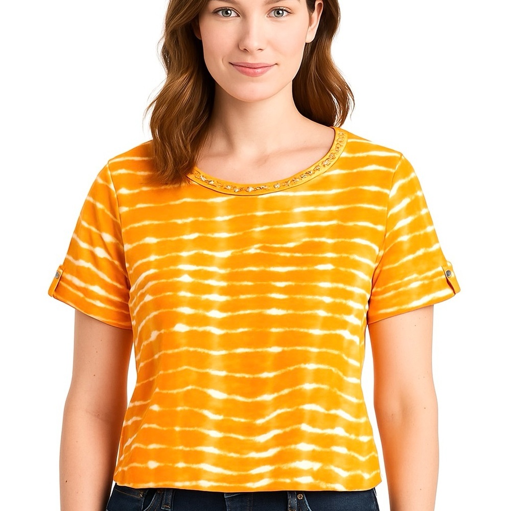 Ruby Rd. short sleeve roll tab orange & white tie-dyed top,‎ Size PL